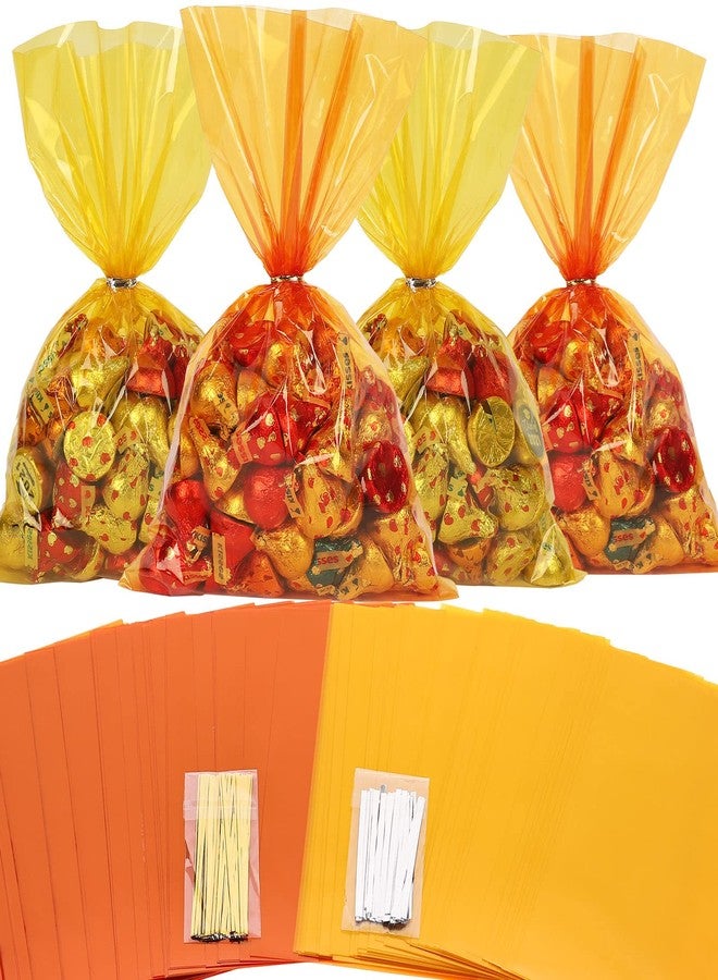 Whaline 100Pcs Fall Cellophane Bag with 100Pcs Twist Ties Mix Colors Goodie Treat Bags Orange Red Yellow Candy Snack Bag Thanksgiving Party Favor Bag for Fall Wrapping Decor Autumn Party Supplies - Image 1